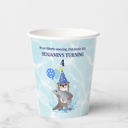 Schattige Blue Water Boy Zee Otter Verjaardagsfees Papieren Bekers (Voorkant)