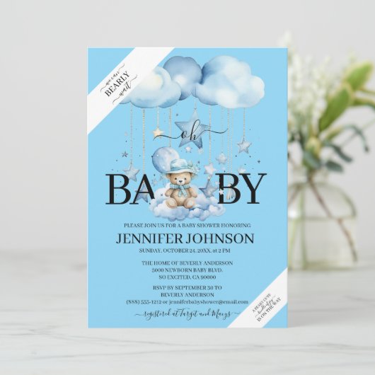 Schattige Blue Waterverf Teddy Bear Baby shower Kaart (Staand voorkant)