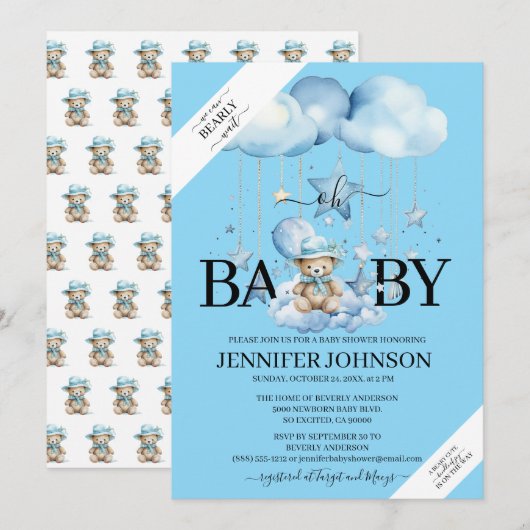 Schattige Blue Waterverf Teddy Bear Baby shower Kaart (Voorkant / Achterkant)