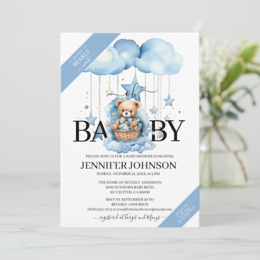 Schattige Blue Waterverf Teddy Bear Baby shower Kaart (Staand voorkant)
