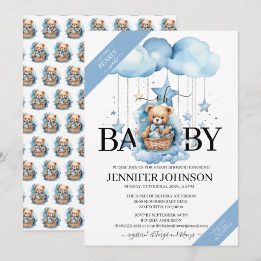 Schattige Blue Waterverf Teddy Bear Baby shower Kaart (Voorkant / Achterkant)