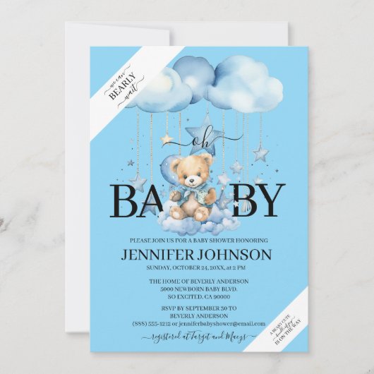 Schattige Blue Waterverf Teddy Bear Baby shower Kaart (Voorkant)