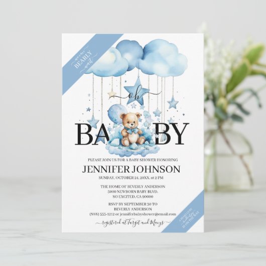 Schattige Blue Waterverf Teddy Bear Baby shower Kaart (Staand voorkant)