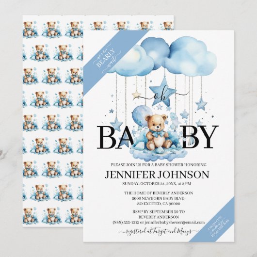 Schattige Blue Waterverf Teddy Bear Baby shower Kaart (Voorkant / Achterkant)
