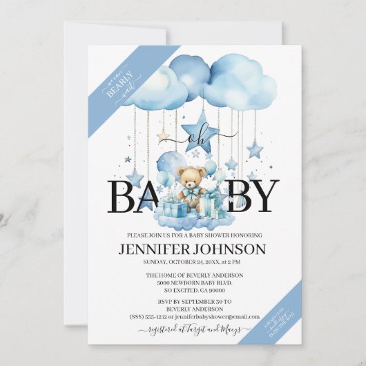Schattige Blue Waterverf Teddy Bear Baby shower Kaart (Voorkant)
