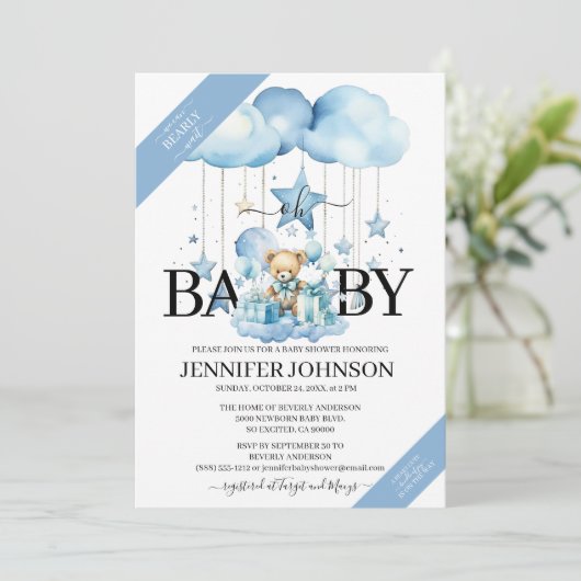 Schattige Blue Waterverf Teddy Bear Baby shower Kaart (Staand voorkant)