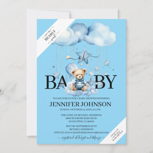 Schattige Blue Waterverf Teddy Bear Baby shower Kaart (Voorkant)