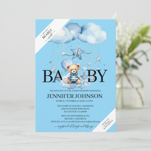 Schattige Blue Waterverf Teddy Bear Baby shower Kaart (Staand voorkant)