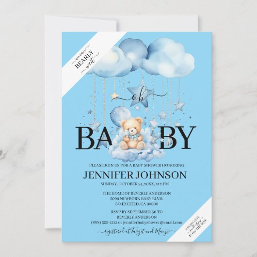 Schattige Blue Waterverf Teddy Bear Baby shower Kaart (Voorkant)