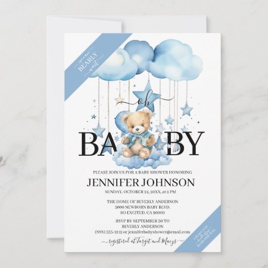 Schattige Blue Waterverf Teddy Bear Baby shower Kaart (Voorkant)