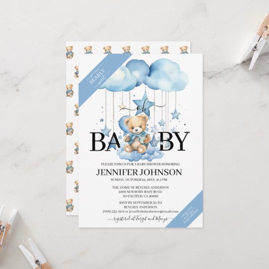 Schattige Blue Waterverf Teddy Bear Baby shower Kaart (Voorkant / Achterkant in situ)