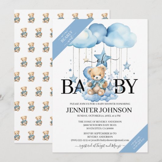 Schattige Blue Waterverf Teddy Bear Baby shower Kaart (Voorkant / Achterkant)