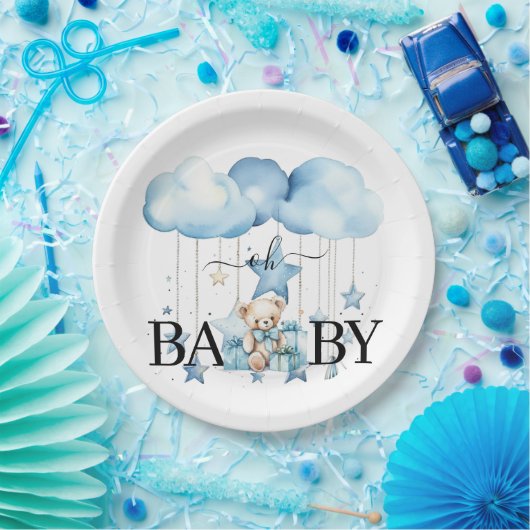 Schattige Blue Waterverf Teddy Bear Baby shower Papieren Bordje (Feest)