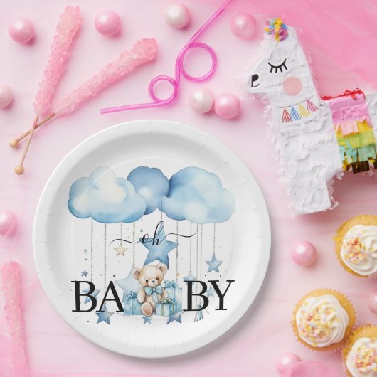 Schattige Blue Waterverf Teddy Bear Baby shower Papieren Bordje (Feest)