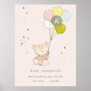 Schattige Blush Beer Ballon Meisjes Monogram Baby Poster