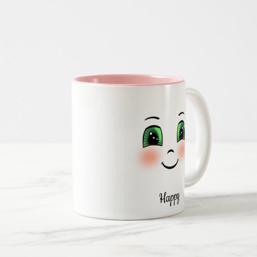 Schattige blush blij gezicht op wit tweekleurige koffiemok (Voorkant rechts)