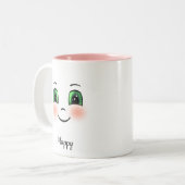Schattige blush blij gezicht op wit tweekleurige koffiemok (Voorkant links)