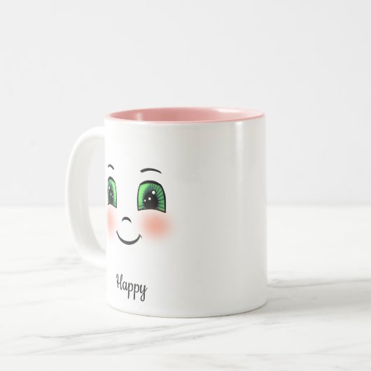 Schattige blush blij gezicht op wit tweekleurige koffiemok (Voorkant links)