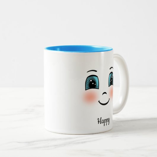 Schattige blush blij gezicht op wit tweekleurige koffiemok (Voorkant rechts)