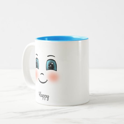 Schattige blush blij gezicht op wit tweekleurige koffiemok (Voorkant links)