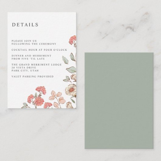 Schattige Blush bloemenbos BRUILOFT Hotelgegevens Informatiekaartje (Voorkant / Achterkant)