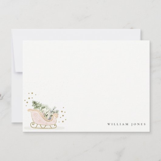 Schattige Blush Gouden Winter Slede Verjaardag voo Notitiekaartje (Voorkant)