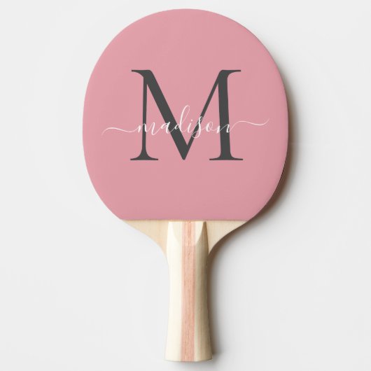 Schattige Blush Pink Grey Monogram Elegant Script Tafeltennisbatje (Voorkant)
