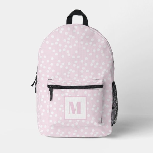 Schattige Blush Roze & Witte Polkadots Monogrammed Bedrukte Rugzak (Voorkant)