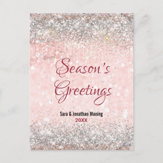Schattige blush roze zilver glitter kerst nieuwjaa briefkaart (Voorkant)