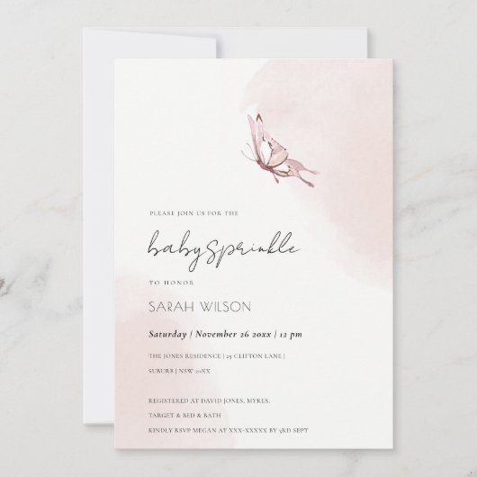 Schattige Blush Waterverf Vlinder Baby shower Invi Kaart (Voorkant)