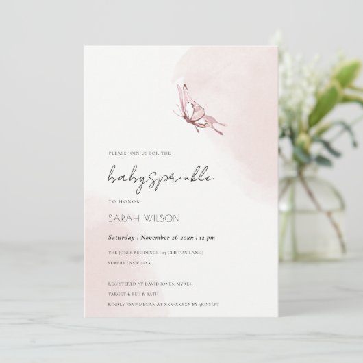 Schattige Blush Waterverf Vlinder Baby shower Invi Kaart (Staand voorkant)