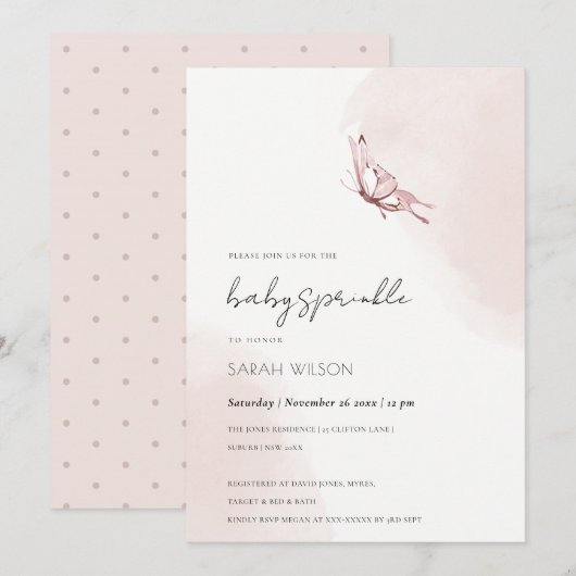 Schattige Blush Waterverf Vlinder Baby shower Invi Kaart (Voorkant / Achterkant)
