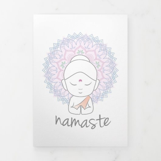 Schattige Boeddha die Namaste zegt Drieluik Wenskaart (Cover)