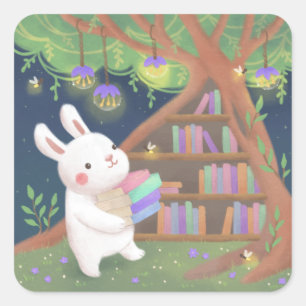 Schattige Boekenwurm Konijn Illustratie Vierkante Sticker