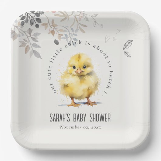 Schattige Boerderij Chick Waterverf Bloemen Baby s Papieren Bordje (Voorkant)