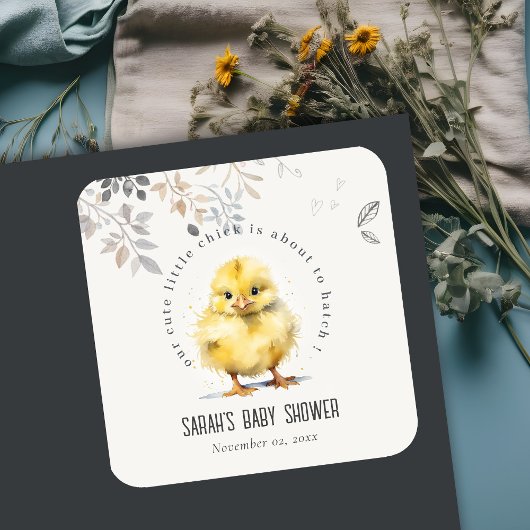 Schattige Boerderij Chick Waterverf Bloemen Baby s Vierkante Sticker
