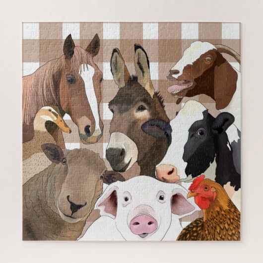 Schattige Boerderij Dierenportret Gingham Check - Legpuzzel (Verticaal)