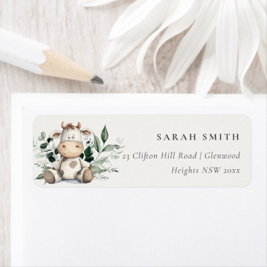 Schattige Boerderij Koe gebladerte pastel neutraal Etiket (Insitu)