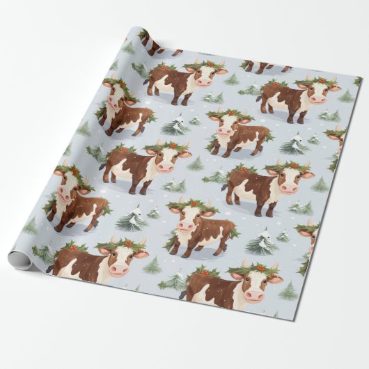 Schattige Boerderij Koe Kerstmis Cadeaupapier (Uitgerold)