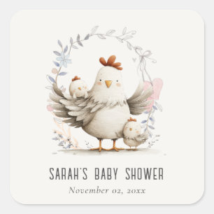 Schattige boerderij mama en baby kuiken bloemige b vierkante sticker