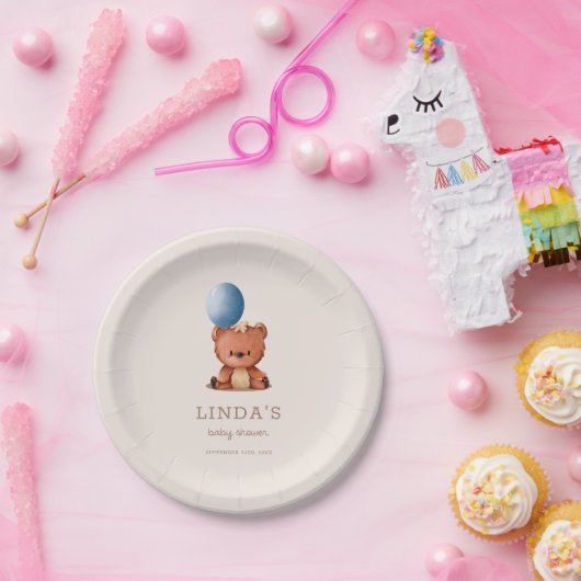 Schattige Boho Beer Blue Balloon Baby shower Papieren Bordje (Feest)