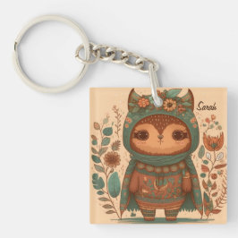 Schattige boho bloemige uil   sleutelhanger