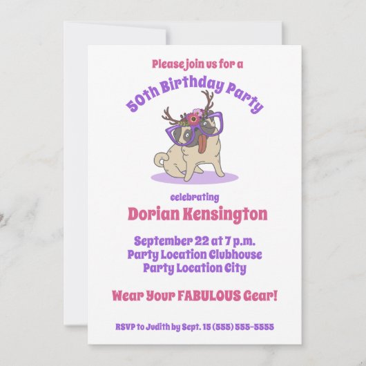 Schattige Boho Floral Hippie Pug Fabulous 50ste Ve Kaart (Voorkant)