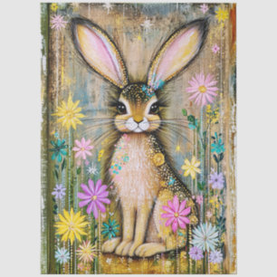 Schattige Boho Konijn en Lente Bloemen, Folk Art F Tissuepapier