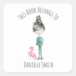 Schattige boho meisje met vogel bookplate vierkante sticker