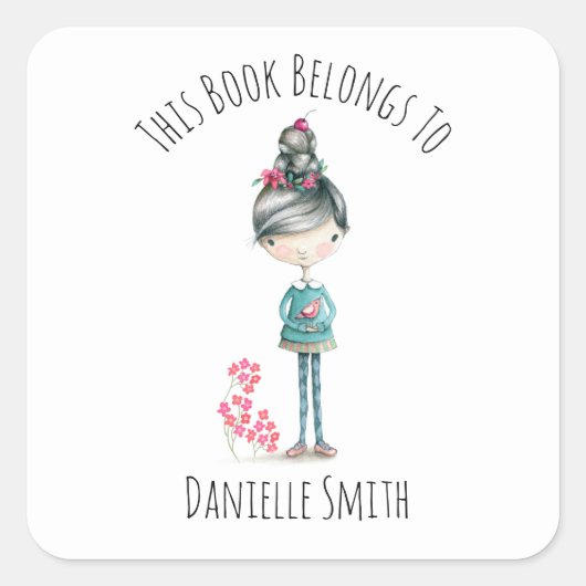 Schattige boho meisje met vogel bookplate vierkante sticker (Voorkant)