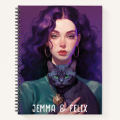 Schattige Boho Meisje, Paarse-haar, Zwarte Kat, Mo Notitieboek (Voorkant)