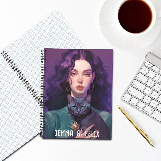 Schattige Boho Meisje, Paarse-haar, Zwarte Kat, Mo Notitieboek