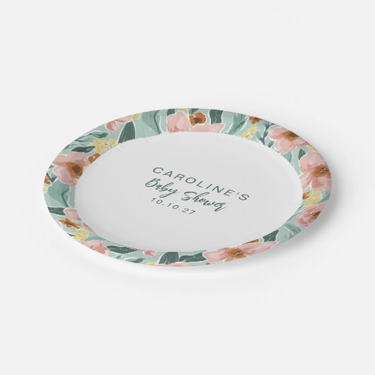 Schattige Boho Mint Sage Roze Bloemen Custom Baby Papieren Bordje (Gekanteld)