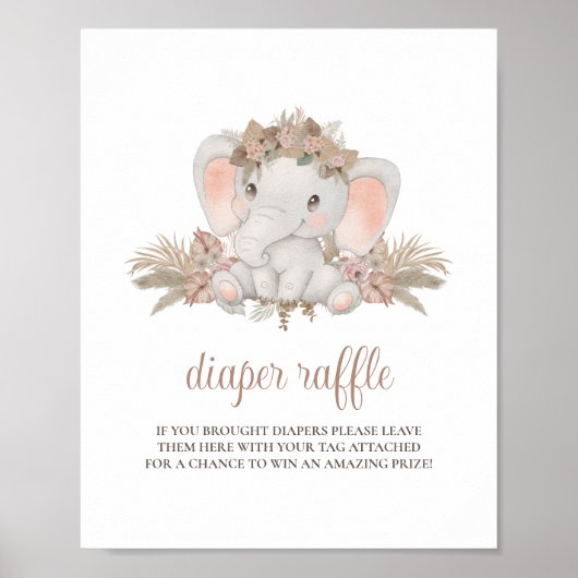 Schattige Boho Olifant Baby shower Luier Raffle Te Poster (Voorkant)